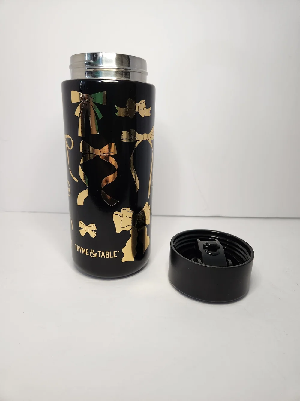 Thyme & Table Black And Gold Travel Tumbler Ribbons And Bows